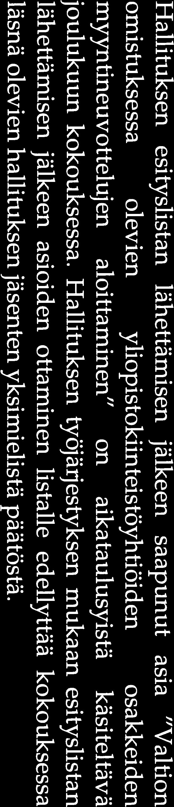 Hallituksen työjärjestyksen mukaan esityslistan lähettämisen jälkeen asioiden ottaminen listalle edellyttää kokouksessa läsnä olevien hallituksen jäsenten yksimielistä päätöstä.