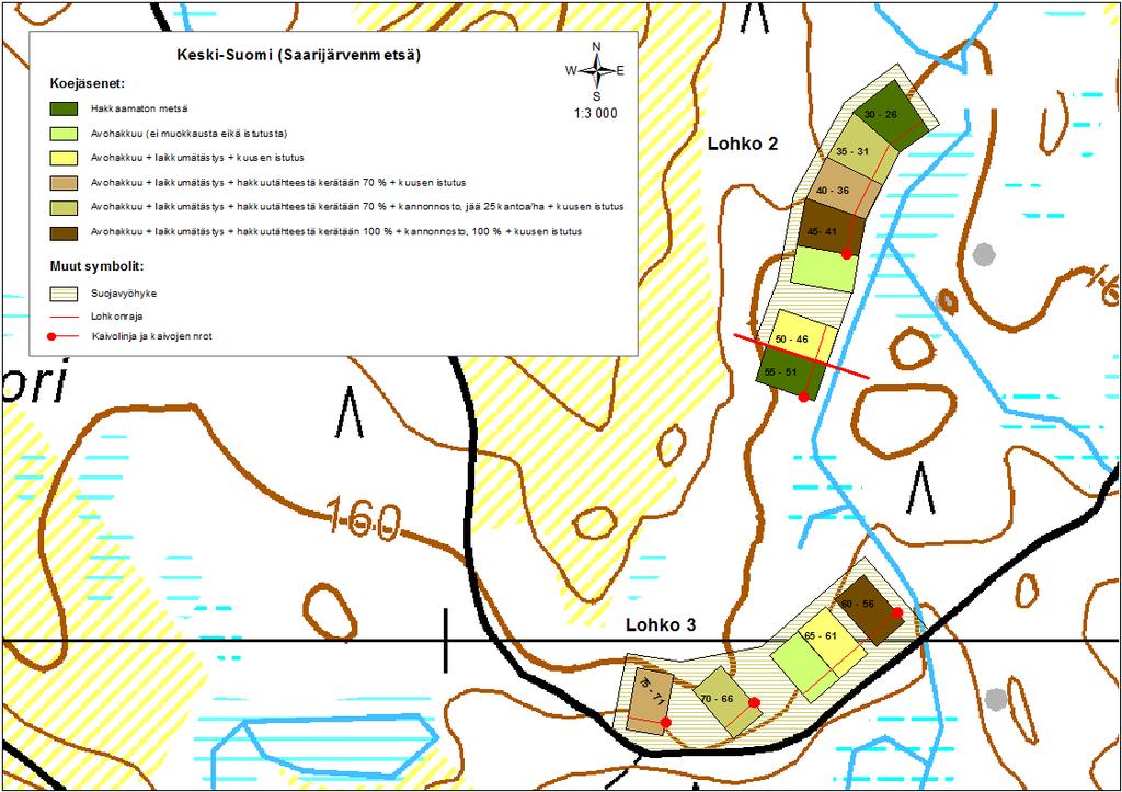 2 Kuvio. Lohkot 2 ja (Saarijärvenmetsän lohkot) sijaitsevat Jämsässä. ien 1- sijoittuminen lohkolle (Tarvainen 201). UPM Kymmene Oyj teki lohkoille päätehakkuun ja hakkuutähteiden korjuun 0.10. 9.11.