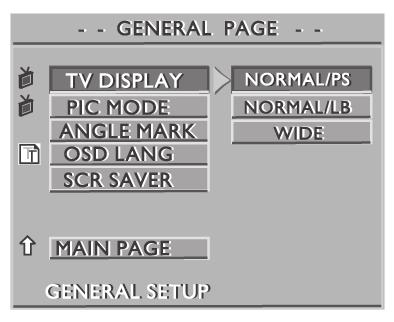 4 Paina SYSTEM MENU -näppäintä uudelleen tai siirry kohtaan EXIT SYSTEM MENU -näppäimellä ja paina OK. TV Display TV:n kuvasuhteen valinta. 16:9 (WIDE) kun DVD-soitin on liitetty laajakuvatelevisioon.