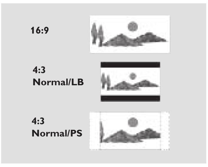 4:3 NORMAL/PS kun DVD-soitin on liitetty tavalliseen televisioon. Näyttää laajakuvan koko kuvaruudun kokoisena siten, että osa kuvan reunoista leikkautuu pois.