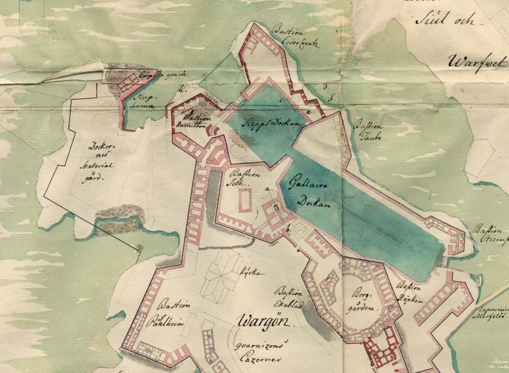 3 Yksityiskohta A. E. Geten akvarellista näkymä Länsi Mustasaaresta Susisaarelle, noin 1764 65. Kuvassa näkyy useita puisia rakennuksia, joita ei ole enää merkitty saman aikakauden karttoihin.