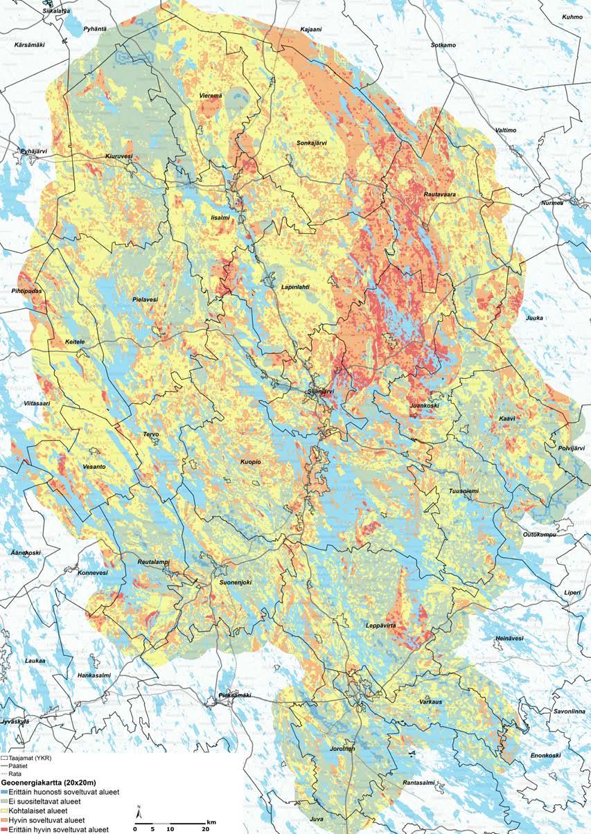 Geoenergia-selvityksen tulokset Geoenergiapotentiaaliltaan paras laaja kokonaisuus löytyy alueelta, joka ulottuu Siilinjärven itäosasta Nilsiän, Rautavaaran länsiosan ja Lapinlahden itäosan kautta