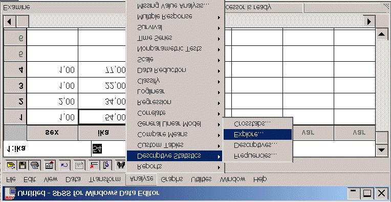 SPSS-analyysit Tässä analysoidaan Analyze valikosta Descriptive Statistics > Explore Kun ohjelmalle annetaan komento esimerkiksi muuttujan lukumäärien jakaumien (explore) laskemiseksi, saadaan ensin