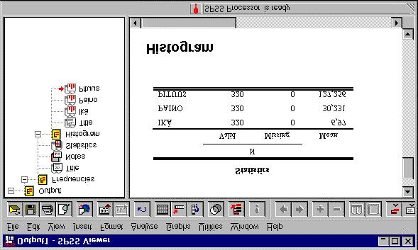 SPSS-tulosteet SPSS Viewer -ikkuna Laskujen tulokset, taulukot ja kuviot tulevat SPSS Viewer -ikkunaan: Ikkunassa on omat valikkonsa ja pikanäppäimensä.