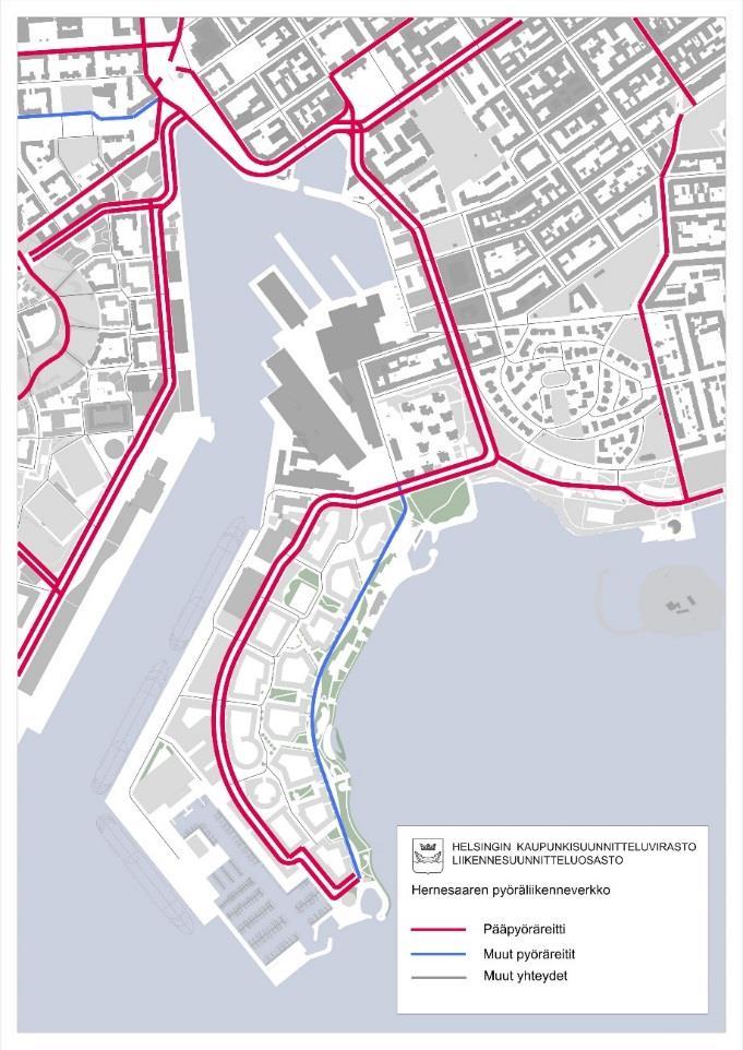 6 Pyöräliikenne Hernesaari kuuluu kantakaupungin pyöräliikenteen pääverkkoon. Kokoojakadulle on suunniteltu yksisuuntaiset pyörätiet ja itäiseen rantapuistoon jalankulun ja pyöräilyn virkistysreitti.