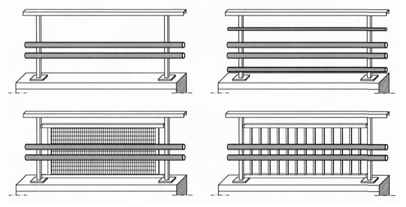 16 KUVA 4. Periaatteellisia esimerkkejä teräksisistä sillankaiteista eri varusteluilla: harva kaide (yllä vas.), tiheä kaide (yllä oik.), verkkokaide (alla vas.) ja sälekaide (alla oik.