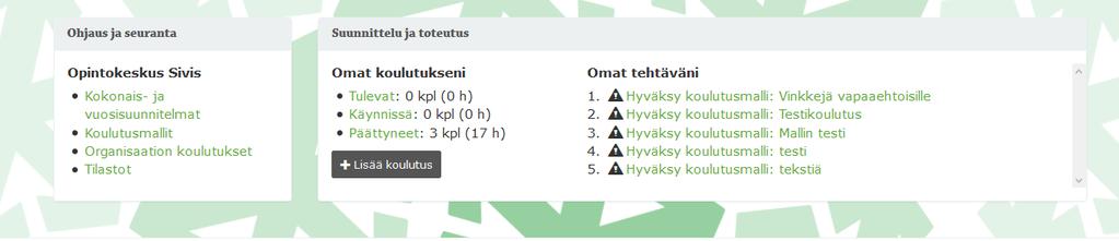 Lisätiedot, mitoitus ja todistus -välilehdet Välilehdet 3-5 (lisätiedot, mitoitus ja todistus) muodostuvat opintojaksomallissa automaattisesti suunnitelmaan.