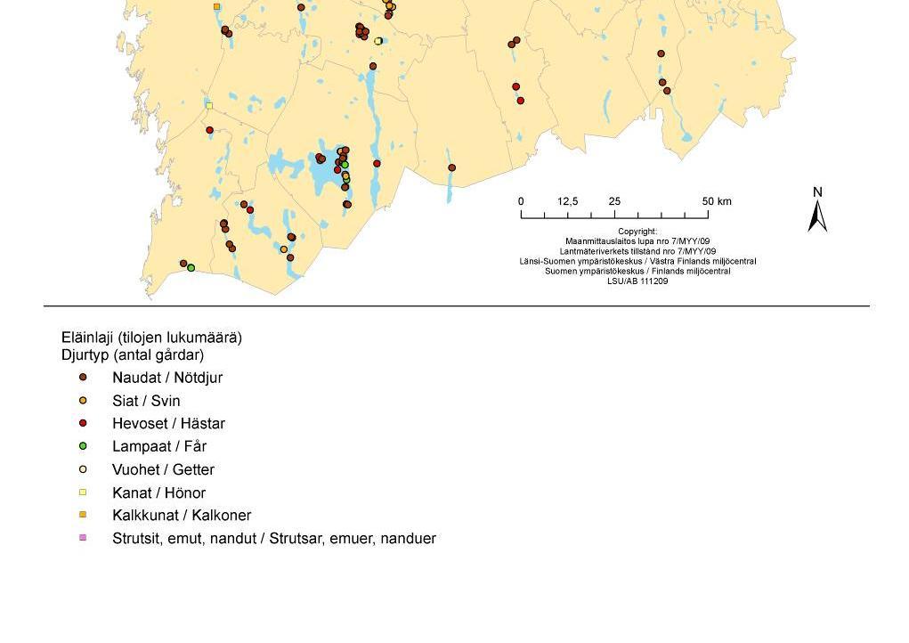 Kuva 7. Pohjavesialueilla sijaitsevat eläintilat eläinlajeittain Länsi-Suomen ympäristökeskuksen alueella (tilanne 1.4.2007, Tike:n maaseutuelinkeinorekisteri). 5.
