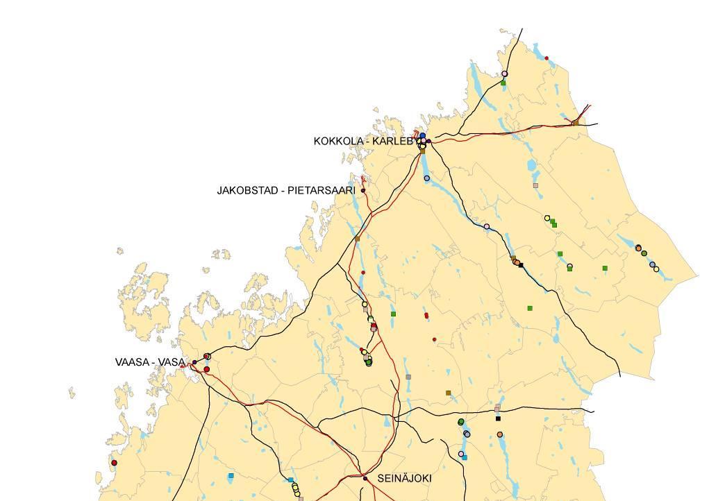 Kuva 8. Teollisuus ja yritystoiminta sekä päätiestö pohjavesialueilla Länsi-Suomen ympäristökeskuksen alueella (POVET, VAHTI). 5.