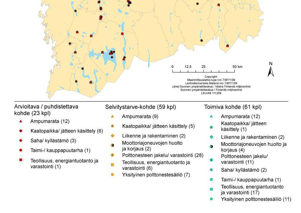 Kuva 9. Pohjavesialueilla sijaitsevat toimenpiteitä edellyttävät MATTI-rekisterin kohteet Länsi-Suomen ympäristökeskuksen alueella (3/2008).