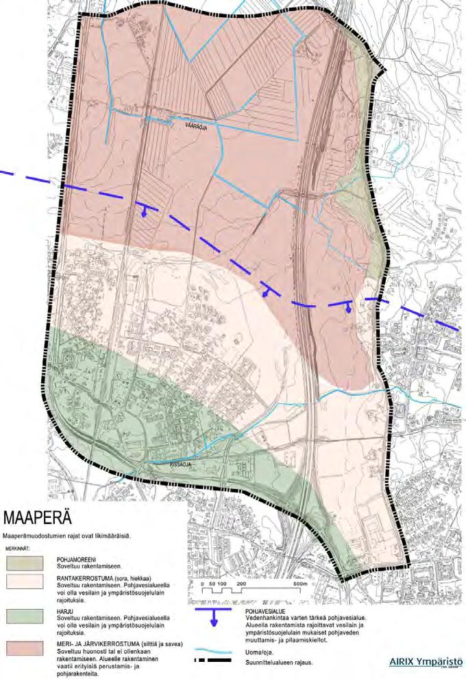 Maaperän soveltuminen rakentamiseen. Kartta on suuntaa-antava vyöhykejakokartta.