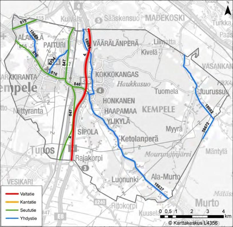 4.7 Liikenteen nykytila ja liikenneverkon kehittämistarpeet Tie- ja katuverkko Kempeleen liikenneverkko on selvitetty raportissa Kempeleen taajaman osayleiskaava 2040 Liikennejärjestelmä ja sen