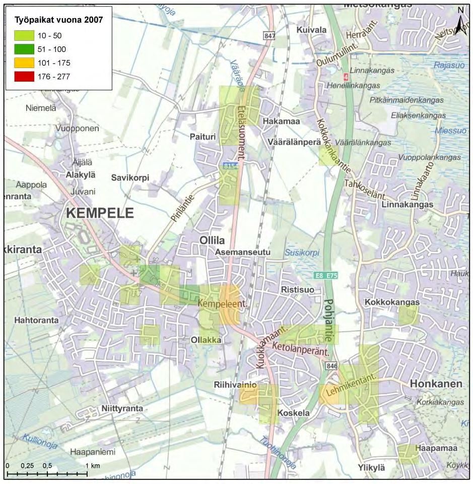 Työpaikkojen sijainti Kempeleen kunnan alueella v. 2007. Kunnan kouluverkko antaa hyvän mahdollisuuden tehdä koulumatkat jalan ja pyörällä.