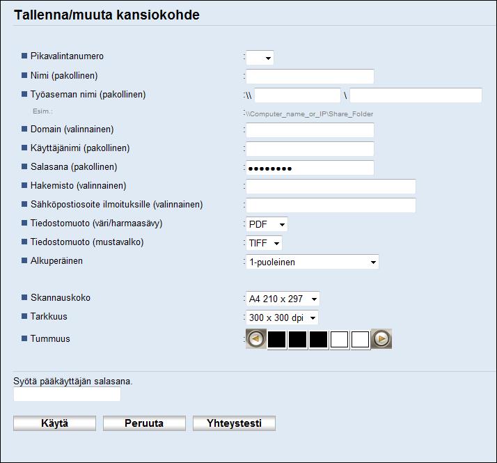 Skannauskohteiden tallennus Kohde Asetus Kuvaus Alkuperäinen Valinnainen Valitse alkuperäisen skannattavat sivut (1- tai 2-puoleisena) sivun ja sidontasuunnan mukaisesti.