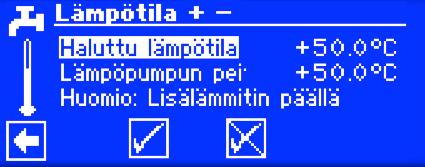 Jos haluttua lämpötilaa ei saavuteta kompressorilla, lämpöpumppu sammutetaan ennen aikaisesti. Lämpötilaero kohdan Haluttu lämpötila ja Lämpöpumpun peitto välillä tehdään sähkövastuksella (esim.