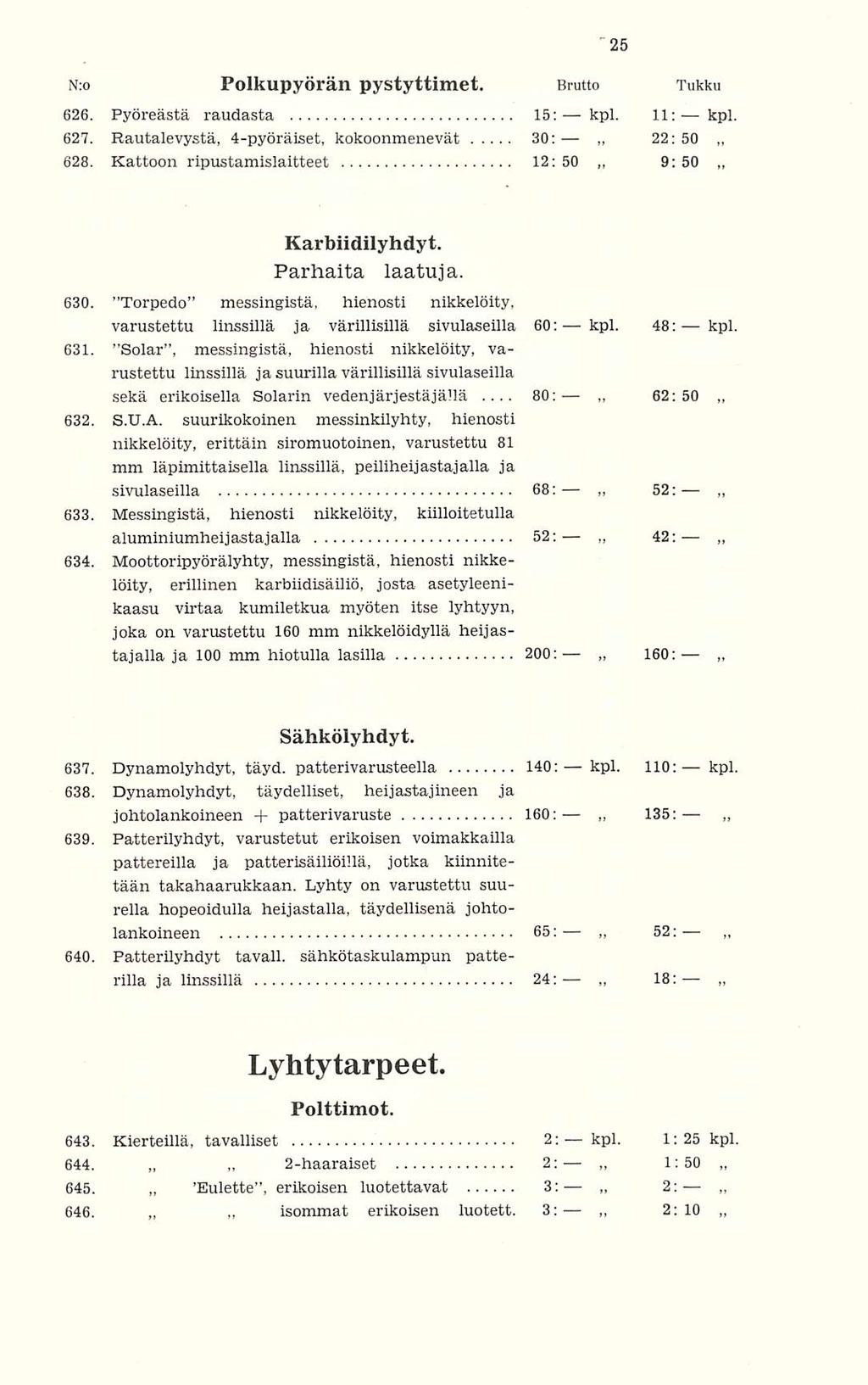 2-haaraiset isommat 80: 135: 22:50 42; 18: 1:50 2: N:o Polkupyörän pystyttimet. Brutto Tukku 626. Pyöreästä raudasta 15; 11: kpl, 627. Rautalevystä, 4-pyöräiset, kokoonmenevät 30: 628.