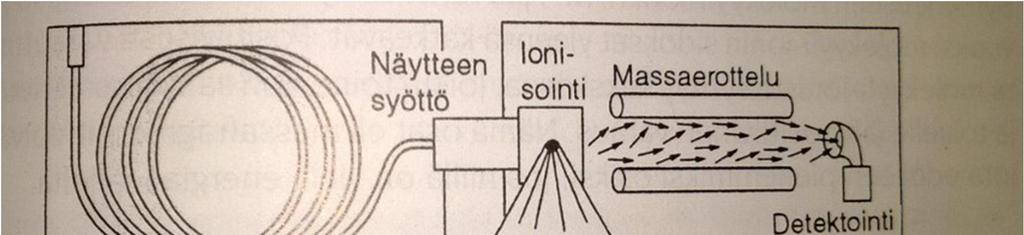 5 3.2 Massaspektrometria Kaasukromatografiassa näytteet voidaan detektoida myös massaspektrometrillä, jonka rakenne on esitetty kuvassa 4. Massaspektometri on tehokas tapa yhdisteiden tunnistamiseen.