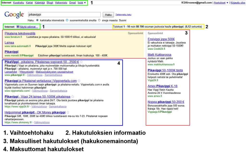 Hakutulokset jaotellaan noin 10 tuloksen sivuihin olennaisuuden perusteella. Kuten hakusivutkin, myös tulossivut olivat ennen huomattavasti yksinkertaisempia.