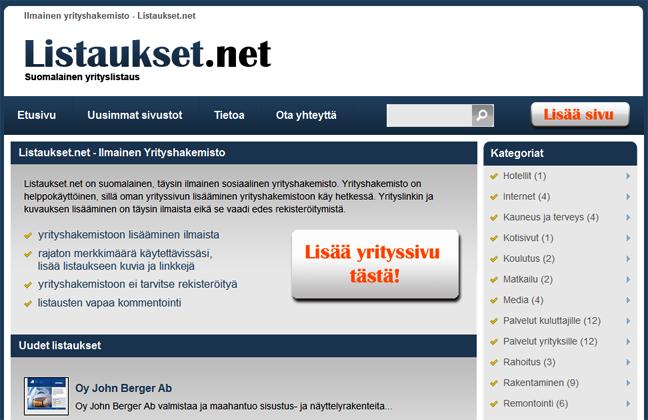 Kuvio 14. Listaukset.net-verkkopalvelun etusivu Tavoitteena oli luoda Estimen käyttöön hakukoneoptimoitu yrityshakemisto, jota voidaan käyttää erilaisten verkkomarkkinointiprojektien tukena.
