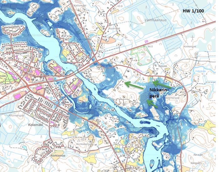 Kuva 7-7. Ehdotus Nikkarinperän palauttamisesta tulvauomaksi varsinkin jääpatotilanteiden varalle.