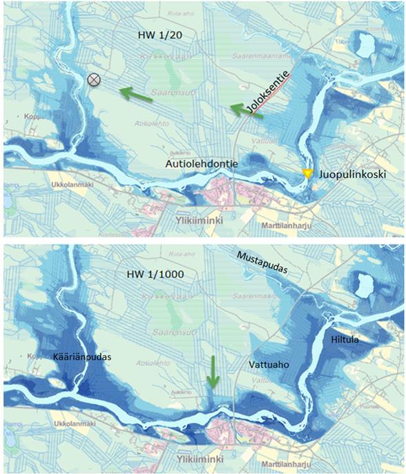 Kuva 7-10. Saarensuon käyttö vedenpidätykseen. Juopulinkoski pitäisi padottaa harvinaisiin tulvakorkeuksiin.