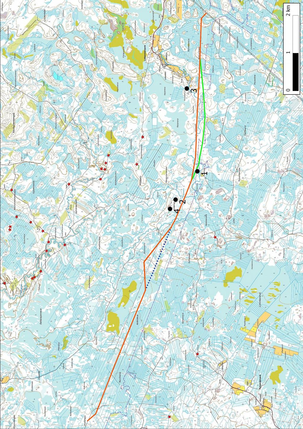 12 7. Yleiskartta Taustakartta MML@5/2015 Sähkönsiirron vaihtoehtoiset linjaukset ja inventoinnissa havaitut kohteet. Muinaisjäännös: 1. Haarainlampi, hiilimiiluja. Muut kulttuuriperintöökohteet: 2.