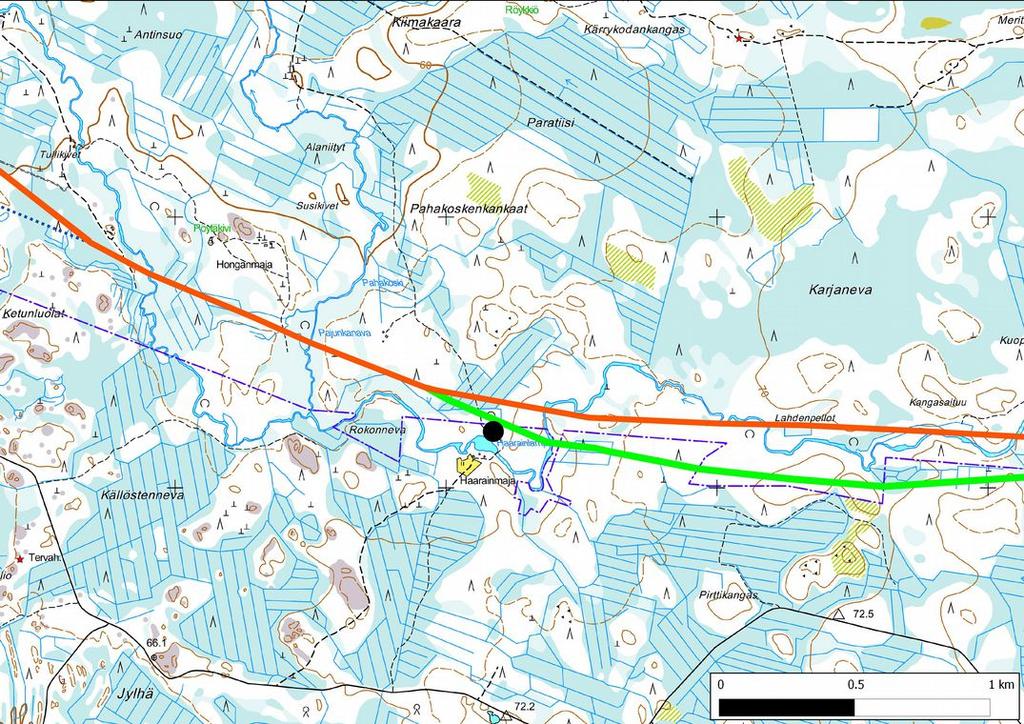 Vaikutusten arviointi: Suunnitellun sähkönsiirtolinjauksen ve 1 ja ve 2 kulkevat noin 100 metrin ja ve 3 noin 30 metrin etäisyydellä