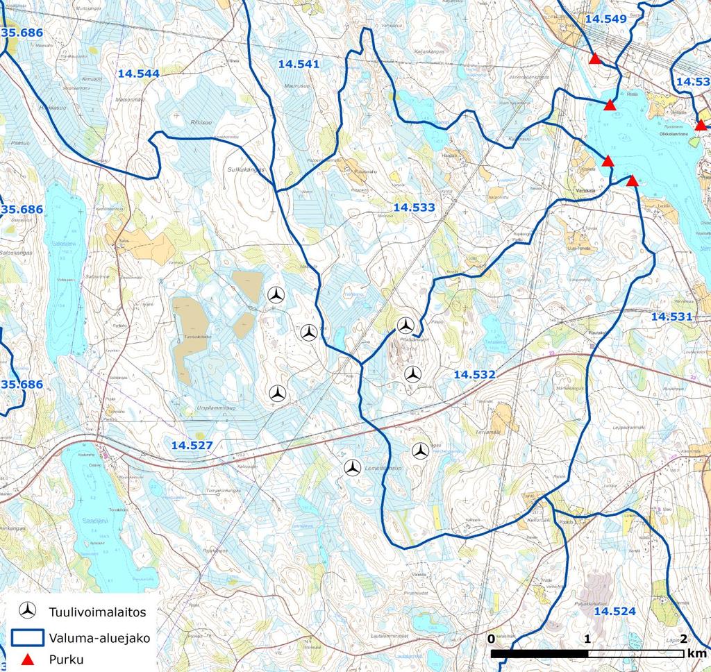 15 (83) Suunnitellut tuulivoimalaitokset sijaitsevat Jämsän reitin valuma-alueella (14.5) ja siellä tarkemmin Pirttijoen (14.527), Haapapuron (14.533) ja Tervapuron (14.532) valuma-alueilla (Kuva 10).
