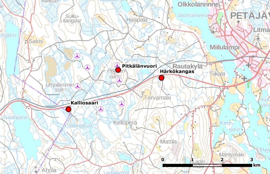 22 (83) Kuva 14. Muutonseurantapaikat. Syysmuuttoseurantaa tehtiin Pitkälänvuorelta ja Härkökankaalta, kevätmuuttoseurantaa Ptkälänvuorelta ja Kalliosaaresta.