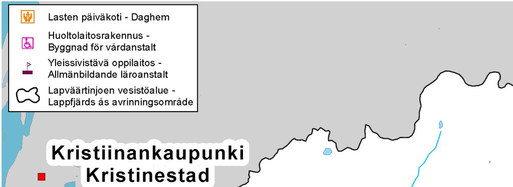 Kuva 12. Karkean tason tulva-alueen (1/1000 vuotta) alle jäävät vaikeasti evakuoitavat kohteet Lapväärtinjoen vesistöalueella.