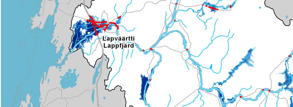 vaihtoehtoisia reittejä. Kaikkiaan noin 20 km tietä on vaarassa jäädä veden alle tai joutua veden vaurioittamaksi. Kuva 14.