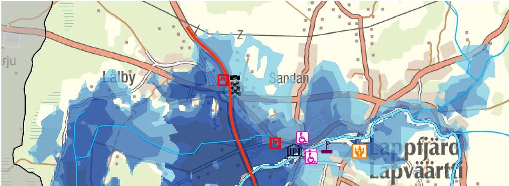 Kuva 15. Karkean tason tulva-alueen (1/1000 vuotta) alle jääviä yhteiskunnan kannalta tärkeitä kohteita Lapväärtinjoen vesistöalueella.