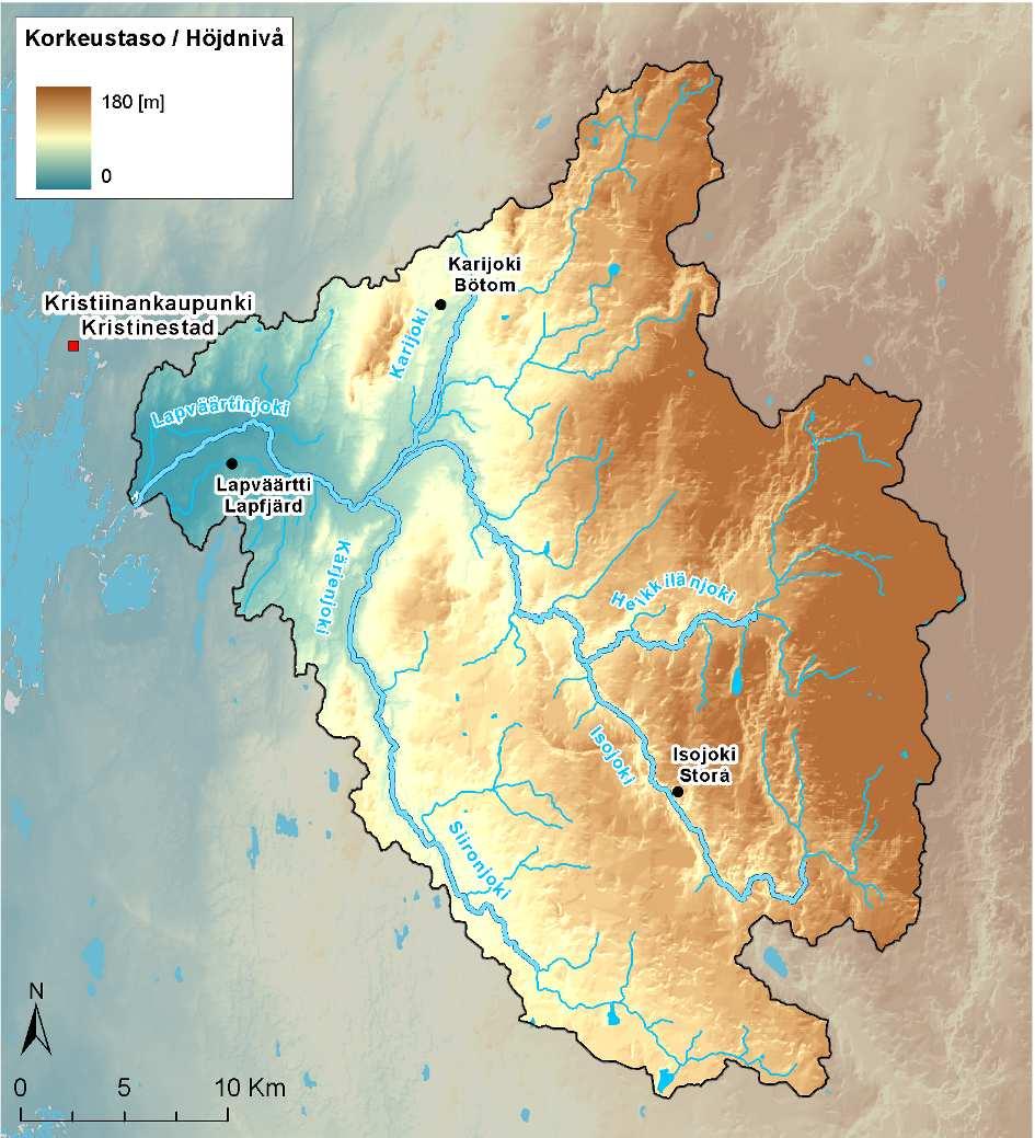 Kuva 4. Korkeussuhteet Lapväärtinjoen vesistöalueella (Korkeusmalli, ruutukoko 25 m). ( SYKE, ELYkeskukset; topografia Maanmittauslaitos lupa nro 7/MML/09) 2.