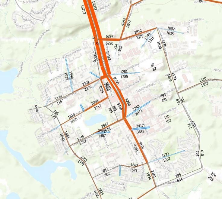 Itä-länsisuuntaisen liikenneverkon puolestaan muodostavat eteläisimmäksi sijoittuva Ruskontie, joka yhdistää Ahvenisjärventien ja Hervannantien.