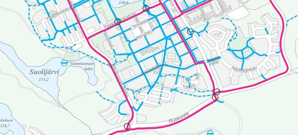 Tampereen keskusta-alueen katuverkkoa. Hervannan nykyiset kävelyn ja pyöräilyn pää- ja paikallisreitit on esitetty seuraavassa kuvassa. Kuva 7.