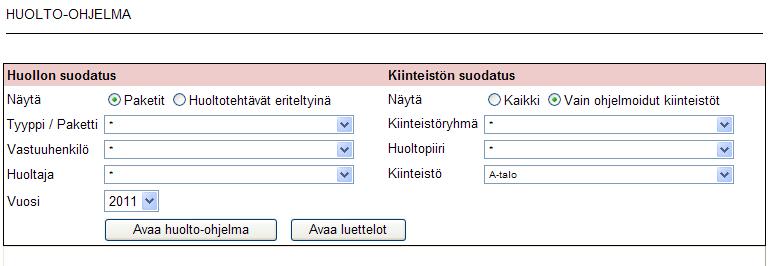 4.2 Huolto ohjelmien tarkastelu henkilöittäin 38 12 (15) Avatun huolto ohjelman näkymä on alla olevan kaltainen. Huolto ohjelman saa lähemmän tarkastelun alle kun painaa Avaa huolto ohjelma nappia.