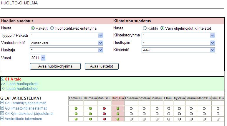 Huolto ohjelmien tarkastelu henkilöittäin tapahtuu valitsemalla Huoltaja alasvetovalikosta tietty huoltaja, jolle osoitettua ohjelmaa haluaa tarkastella.