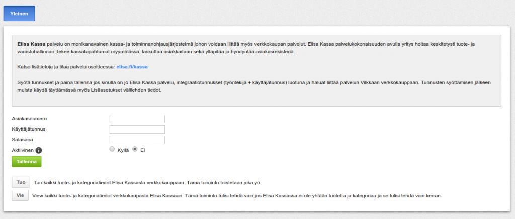 Elisa Oyj 4/11 2. Käyttöönotto Voit syöttää Elisa Kassasta saamasi tunnukset verkkokaupassa kohtaan Asetukset > Elisa Kassa.