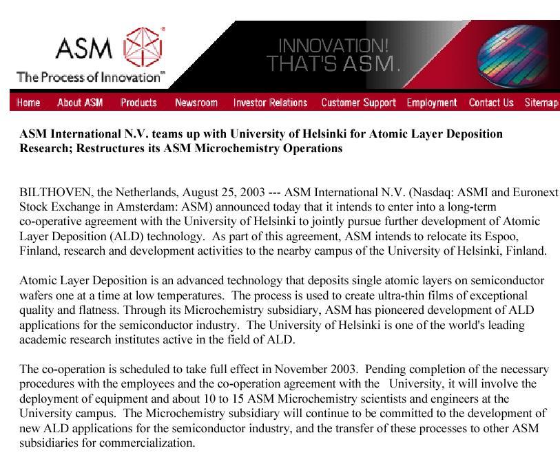 funding for 4 students for five (+ five, renewed in 2008) years IP transfer rental of lab space from the Chemistry