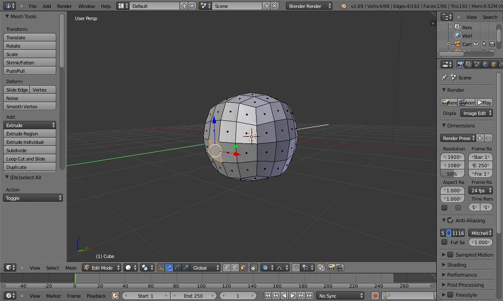 KUVIO 9. Näkymä Blenderin Edit Modesta sekä polygoneista muodostuvasta objektista. Objektien modelointi tapahtuu tässä tilassa (Blender Stack Exchange, viitattu 20.01.