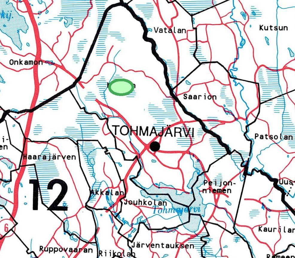 Kuva 43. Hankealueen ympäristön osakaskunnat ja niiden sijainti. Hankealue on merkattu karttaan vihreällä ympyrällä.