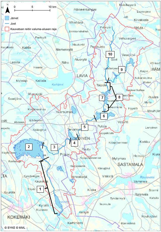 Kauvatsanreitin osa-alueet 1: Kauvatsanjoen alue 2: Sääksjärven alue 3: Jaaranjoen-Piilijoen alue 4: Kiikoisjärven alue 5: Mouhijoen alue 6: Mouhijärven alue 7: Kourajärven