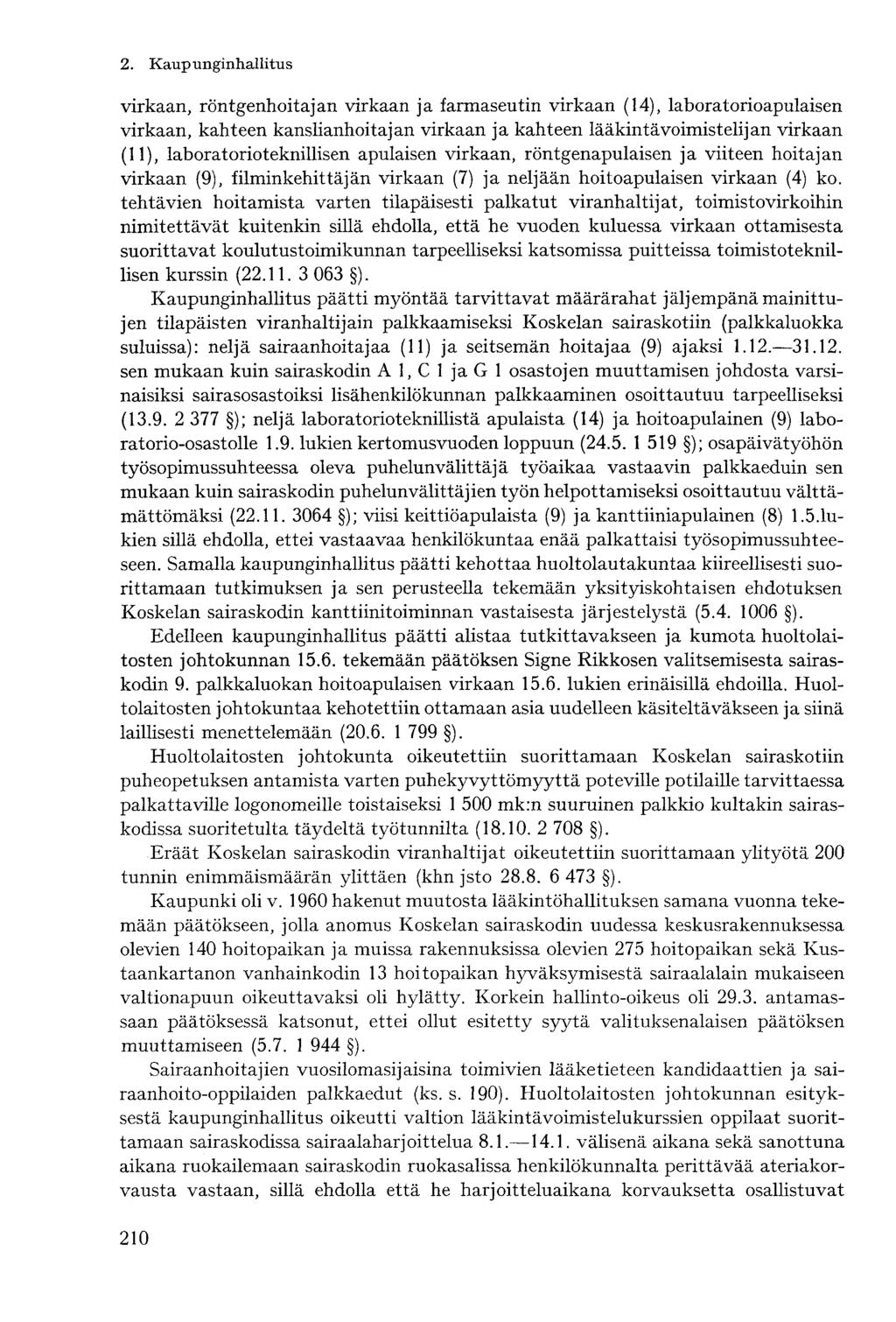 virkaan, röntgenhoitajan virkaan ja farmaseutin virkaan (14), laboratorioapulaisen virkaan, kahteen kanslianhoitajan virkaan ja kahteen lääkintävoimistelijan virkaan (11), laboratorioteknillisen