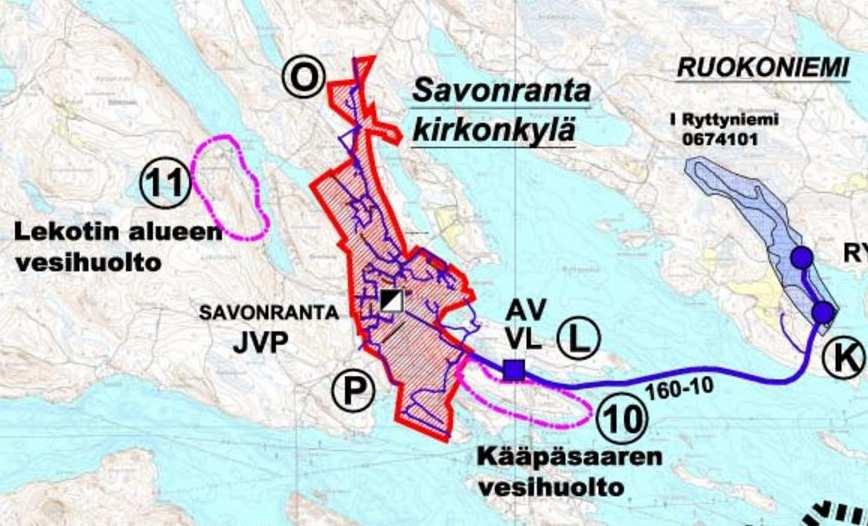 Savonrannan kirkonkylän osayleiskaava 13 Savonranta kuuluu Savonlinnan Vesi Oy:n toiminta-alueeseen, jonka tehtävänä on puhtaan veden hankinta ja jakelu, putkistojen rakentaminen ja ylläpito, jäte-