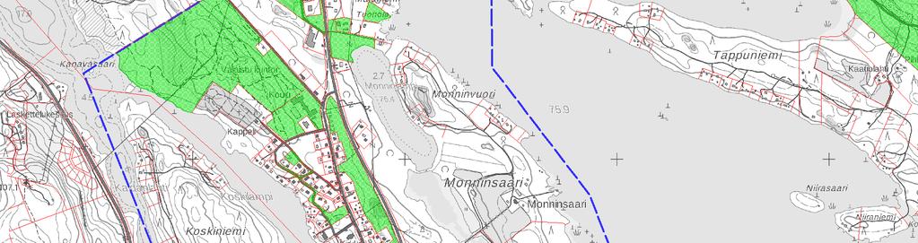 Ne sijoittuvat kirkonkylän yhdyskuntarakenteessa keskeisille alueille, jotka on kaavassa osoitettu mm. lähivirkistys- ja urheilualueiksi sekä asumiseen.