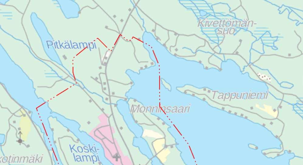 Savonrannan kirkonkylän osayleiskaava 2 Kuva: Suunnittelualueen alustava rajaus on esitetty punaisena viivana. Suunnittelualueen rajaus voi tarkentua kaavaprosessin edetessä. 1.