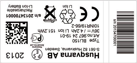 Trimmerissä, akussa ja akkulaturissa on seuraavat kilvet: MERKKIEN SELITYKSET Husqvarna AB Huskvarna SWEDEN S-561 82