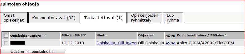 Kun HOPSia on kommentoitu ja täydennetty (kommenttikierroksia voi olla useita), ja opiskelija on valmis lähettämään sen hyväksyttäväksi, hän valitsee jälleen vastaanottajan nimilistasta.