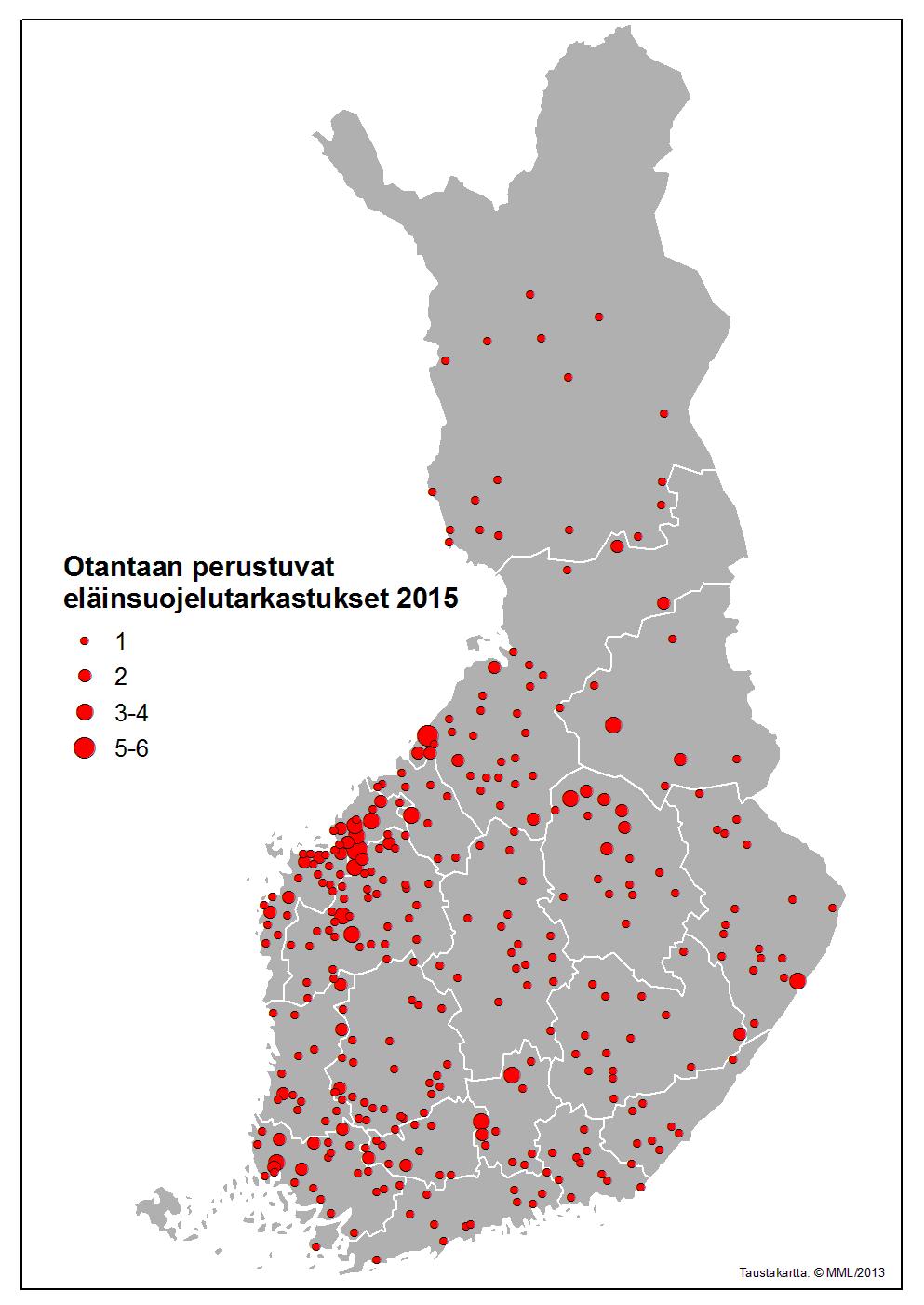 Otantaan perustuvat eläinsuojelutarkastukset kunnittain vuonna 2015.