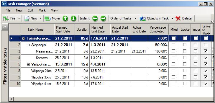 tehokkaammin. Kuva 15 Case-kohteen alapohjalaatat tietomallin puolella Toinen projektin hallintaa parantava työkalu Tekla Structures -ohjelmassa on Task Manager -toiminto.